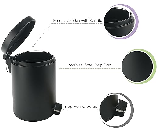 Stainless Steel Small Trash Can with Lid & Step Pedal - 5 Liters/1.3 Gallon Soft Close Waste Basket with Removeable Inner Bucket - Garbage Can for Bathroom, Bedroom, Kitchen & Office (Black)