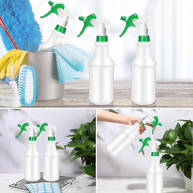 Zubebe 24 Pack 32 oz Plastic Spray Bottle Bulk Empty Leakproof Heavy Duty Spray Bottles for Cleaning Supplies Mist Bottles with Label and Adjustable Nozzle for Plant(Green,Clear Scale)