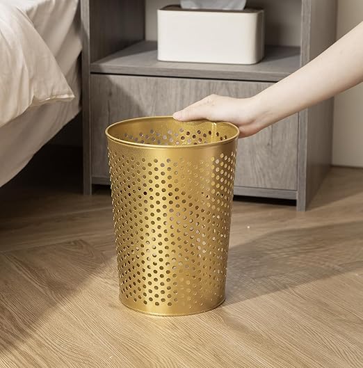 Small Gold Metal Trash Can Wastebasket, Decorative Hollow-Out Garbage Can Waste Paper Bin, Modern Farmhouse Round Trash Bin for Bathroom, Bedroom, Kitchen and Office (Dots)