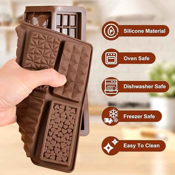 2 Pcs Chocolate Bar Mold, Non Stick Dubai Chocolate Bar Knafeh Pistachio Candy Mold, 12-in-1 Break Apart Design for Dubai Molds, Energy Protein Bar