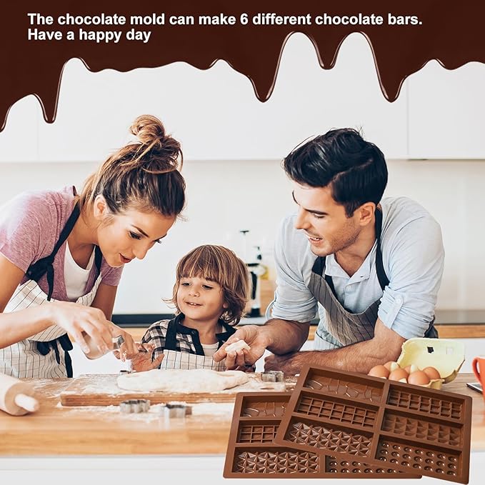 Chocolate Bar Mold, 2 Pack Deep Silicone Molds, Non-Stick Chocolate Molds for Stuffed Pistachio Knafeh Bars, Energy Protein, Homemade Candy Snacks, 6 in 1 Style Chocolate Bar Mold