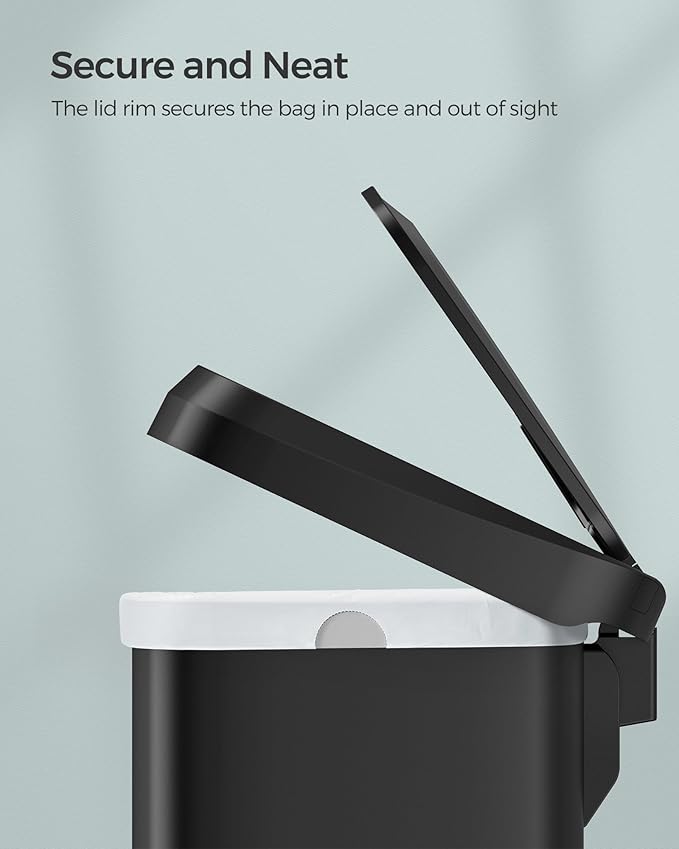 SONGMICS Kitchen Trash Can, 13 Gallon (50 L) Stainless Steel Garbage Can, with Stay-Open Lid and Step-on Pedal, Soft Closure, Tall, Large and Space-Saving, Black ULTB530B50