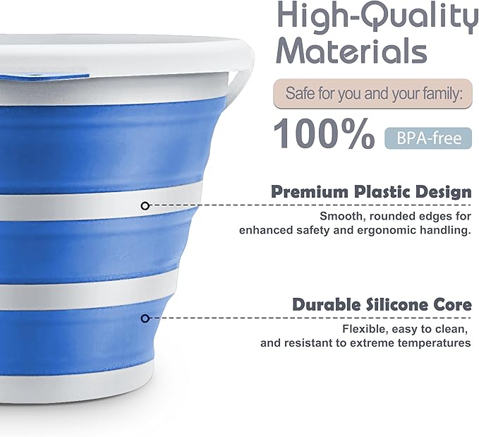 Goderewlid Collapsible Bucket 2.6 Gal/10L, BPA-Free - Space-Saving, Portable Foldable Water Pail for Versatile Use, Home, Outdoors, Car Wash, Camping, Fishing - Blue, Single Pack