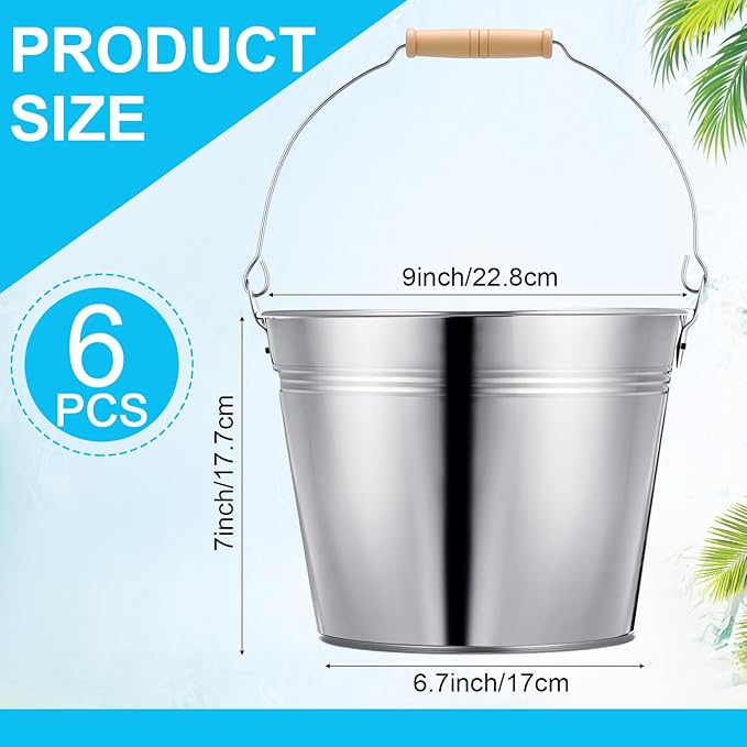 Zopeal 6 Pcs Large Metal Bucket Beer Bucket Galvanized Steel Pail with Handle for Gifts Basket Ice Candy Party(9 x 7 x 7 Inch,Silver)