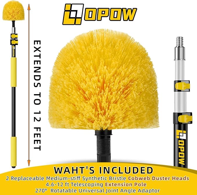 5-to-12 Foot Cobweb Duster with Extension Pole, 20 Ft High Reach and 2 Replaceble Spider Web Brush Heads, Heavy Duty for Indoor & Outdoor Use