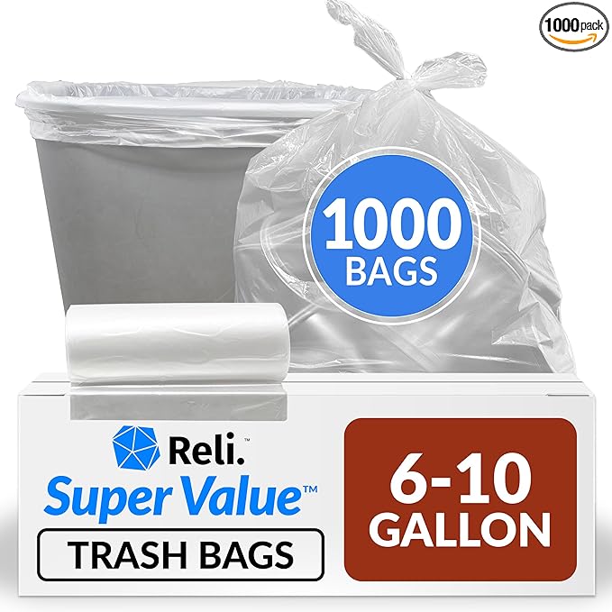 Reli. 6-10 Gallon Trash Bags | 1000 Bags | Clear | Bathroom | Strong | Garbage
