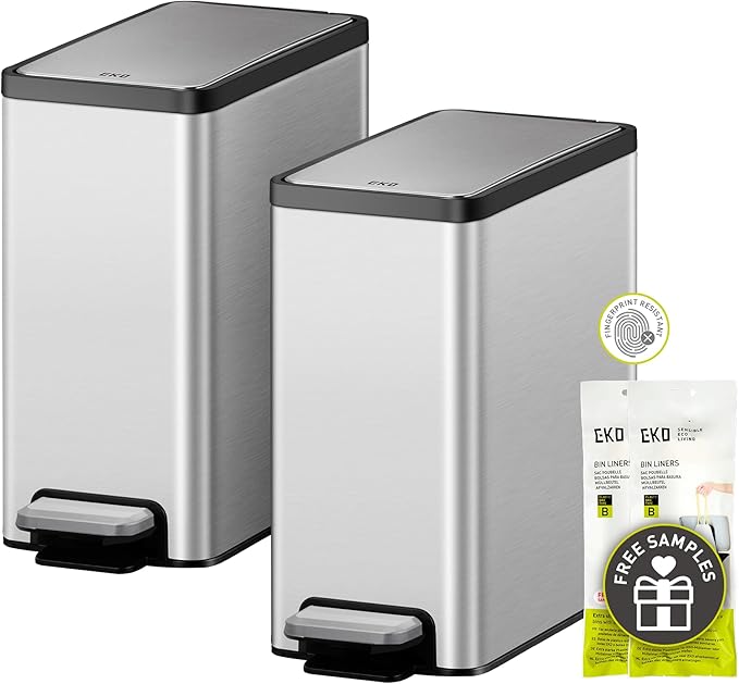 EKO Slim Small Bathroom Trash Can with Lid, Stainless Steel Kitchen Garbage Can with Removable Inner Bucket, 6L / 1.6 Gal 2 Pack Step On Trash Can Combo