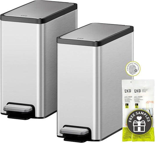 EKO Slim Small Bathroom Trash Can with Lid, Stainless Steel Kitchen Garbage Can with Removable Inner Bucket, 6L / 1.6 Gal 2 Pack Step On Trash Can Combo
