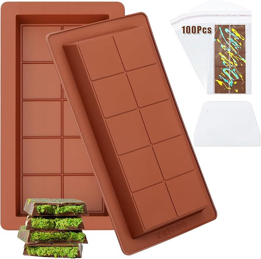 2 Pack Dubai Chocolate Bar Mold Deep Chocolate Molds Silicone with 100 Pcs Bags and 1 Pcs Scraper Set Big Chocolate Bar Mold for Filling Pistachio Chocolates Bars Homemade Candy Making
