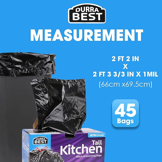 Heavy-Duty 1 Mil 13 Gallon Black Trash Bags (45 Count) - Drawstring, Leak-Resistant for Home & Commercial Use