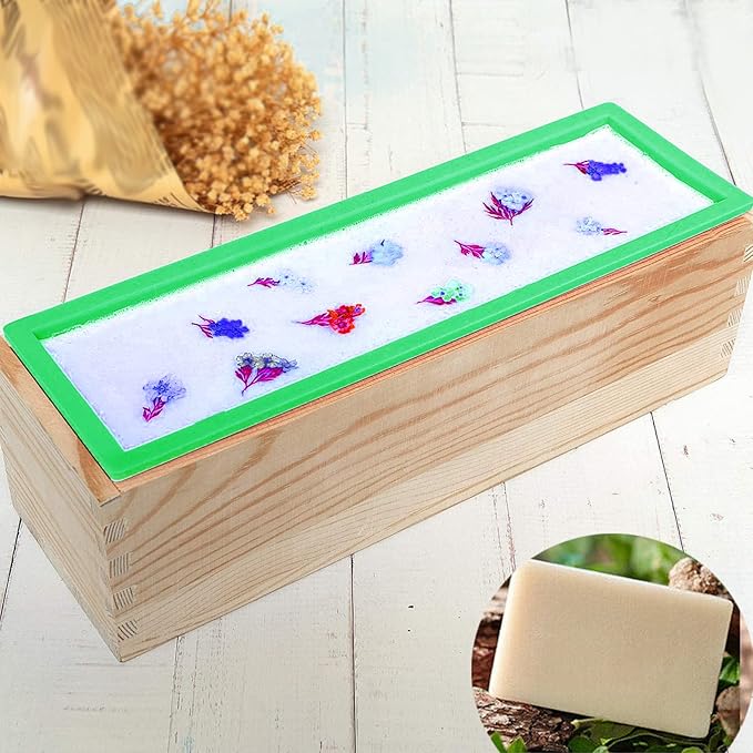 ZOENHOU 3PCS 42oz Green Soap Molds with 3 Lids, Flexible Rectangular Silicone Soap Making Molds Kit with Wood Box DIY Tool Set for Soap Making Supplies