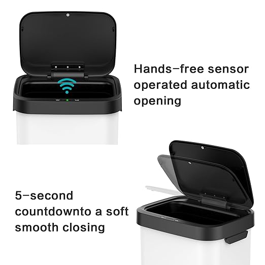 13 Gallon Stainless Steel Touchless Sensor Trash Can with, Wide Rectangular Design, Brushed Finish – Automatic Lid for Home, Office, Kitchen, Bathroom, and Commercial Use (White)