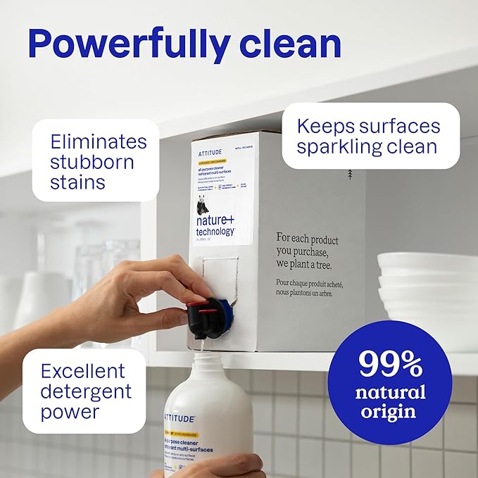 ATTITUDE All Purpose Cleaner Spray, EWG Verified, Vegan, Made with 94% Plant-Based Ingredients, Streak-Free for Kitchen, Bathroom, Glass & More, Pink Grapefruit Scent, 27.1 Fl Oz