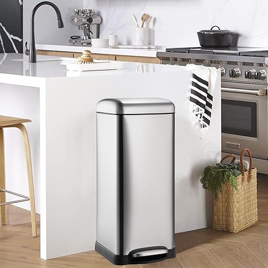 8 Gal/30L Slim Trash Can, Rectangular Step-On Stainless Steel Garbage Can, Soft-Close Lid, Anti-Fingerprint Surface, Recycling Bin with Removable Inner Basket, for Kitchen Dining Room, Silver