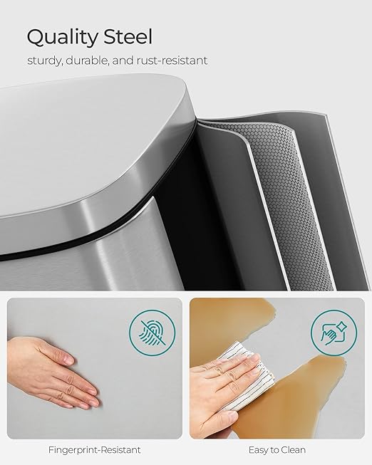SONGMICS Trash Can with Lid, 8 Gallon Garbage Can, Stainless Steel Small Waste Bin with Step Pedal and Inner Bucket, Soft Close, Kitchen, Silver ULTB03NL