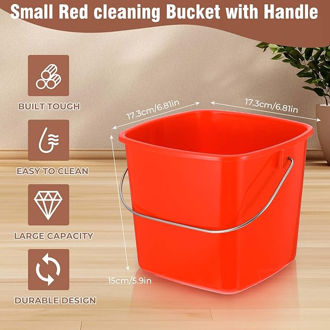 6 Pcs 3 Quart Plastic Cleaning Bucket, Small Square Detergent Pail with Handles, Utility Bucket for Home, Office, Kitchen, School, Commercial Use,（Red）