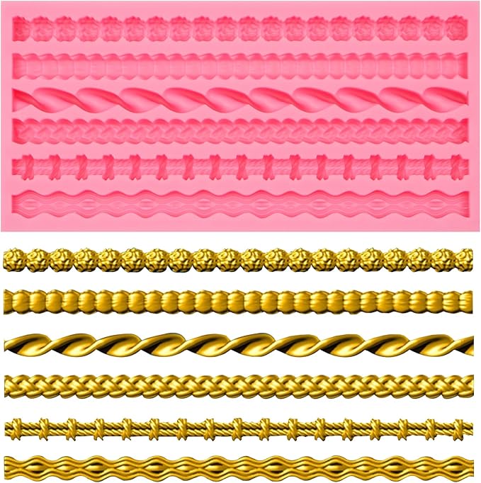 Hemp Rope Knot Silicone Molds, Knitting Bead Pearl Cake Border Chocolate Molds, Spiral Wave Pattern Shaped Fondant Molds for Cake Decoration Cupcake Topper Gum Paste Clay Resin(6 Cavity)