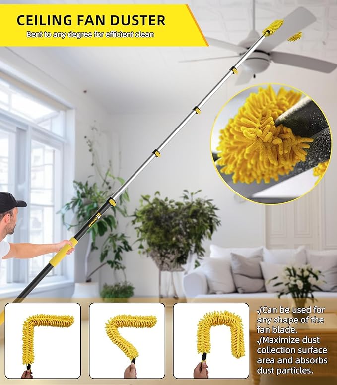 Flexible Fan Blade Cleaner Chenille Duster, Washable Hand Duster for High Ceiling, Removable & Bendable Brush Head Fits All Extension Poles with Standard US Acme Thread (Pole Sold Separately)
