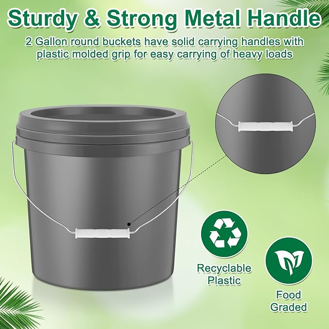 Tioncy 10 Pcs 2 Gallon Plastic Bucket with Lid Heavy Duty 2 Gallon Bucket Pail with Lid Handle for Storage Container Home Household Cleaning (Grey)