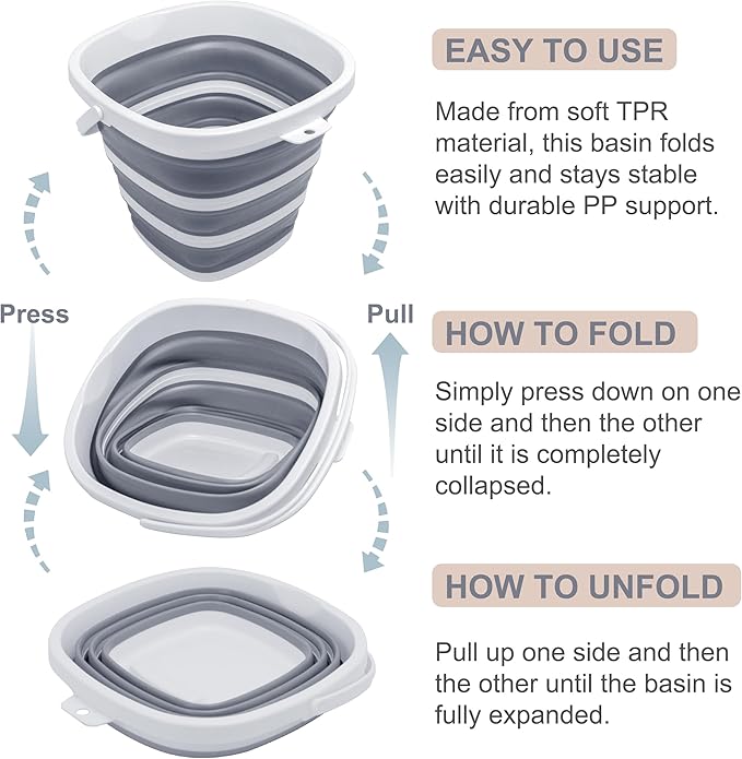 Collapsible Bucket, 2.6 Gallon (10L) - Square Foldable Mop Bucket for House Cleaning, Car Washing, Camping - Portable Water Pail for Outdoor, RV, Travel (Grey)