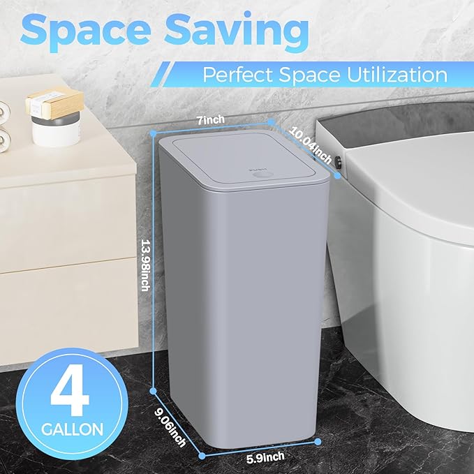 4 Gallon Bathroom Small Trash Can with Lid, 15L Slim Garbage Bin Wastebasket with Pop-Up Lid for Bedroom, Office, Kitchen, Dorm, Fits Under Desk
