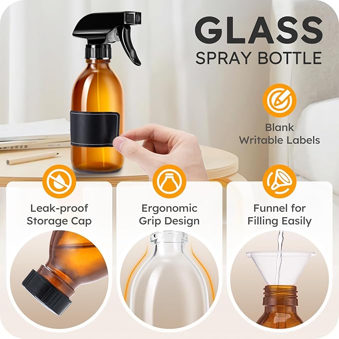 Tecohouse Glass Spray Bottle 8 oz, Clear Small Empty Refillable Sprayer Container with Labels, Funnel, Lids, Graduated Pipettes - Handheld Size
