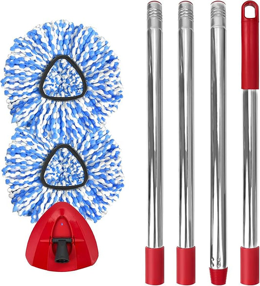 Spin Mop Replacement Set, Includes 2 Mop Head Replacement, 1 Spin Base, 1 Handle (30-58in Adjustable 4-Section Pole)