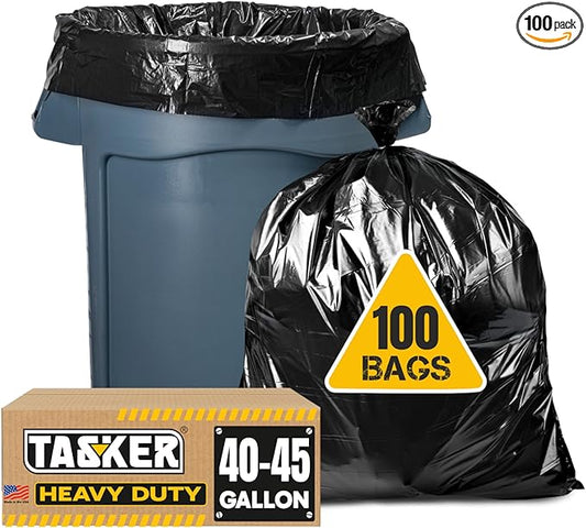 Tasker 44-45 Gallon Trash Bags Heavy Duty, (Value 100 Bags w/Ties) Extra Large Black Trash Bags - 39 Gallon - 40 Gallon - 42 Gallon - 45 Gallon - Large Black Garbage Bags Heavy Duty