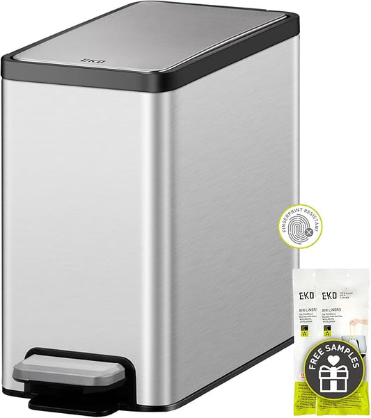 EKO Slim Small Bathroom Trash Can with Lid, Stainless Steel Small Garbage Can with Removable Inner Bucket, 6L / 1.6 Gal, Step On Trash Bin
