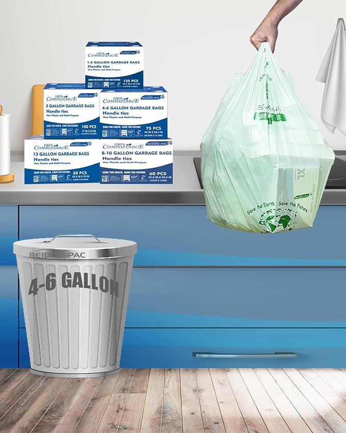 4-6 Gallon Compostable Trash Bags, 75 Count, Kitchen Compost Bags With Handle, Sturdy Biodegradable Garbage for Food Scrap Waste, ASTM D6400, US BPI Certified