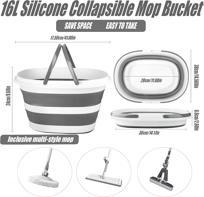 AGH 16L(4.2 Gallon) Collapsible Mop Bucket with Handle for Cleaning,Silicone Square Mopping Bucket for Storage Foldable Tub for Cleaning Large Silicone Pop Up Buckets for Car Washing or Camp.1Pack