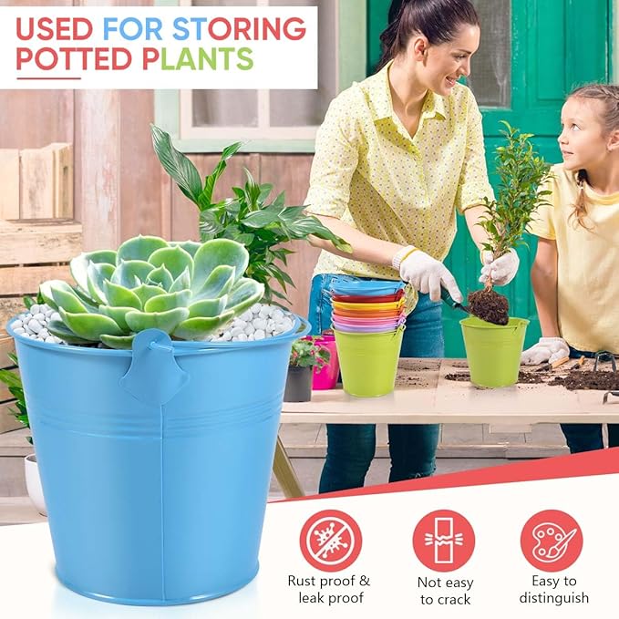 OBTANIM 7 Pack Colorful Metal Buckets with Handle Galvanized Ice Pails for Plants, Succulents, Party Favors Organizing, Rustic Home Decor or Classrooms Pencil Storage (5.1 x 3.6 inch)
