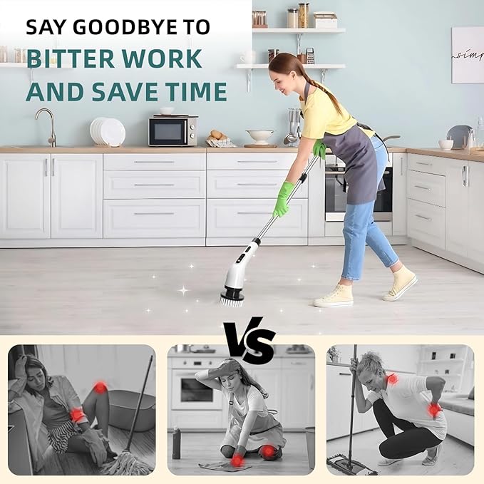 Electric Spin Scrubber for Cleaning, 9 in 1 Changeable Bathroom Scrubber with Power Display, Long Cordless Cleaning Brush, Cordless Shower Cleaner Brush for Bathtub Kitchen Wall Cleaning