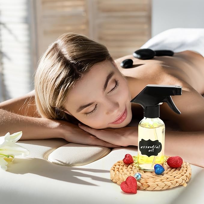 Fumete 20 Pcs 4 oz Glass Spray Bottles Empty Refillable Sprayer Containers with Funnels Labels Black Trigger Sprayers Spray Bottles for Essential Oil DIY Kitchen Hair Plants(Clear)