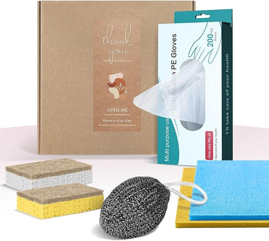 200PCS Plastic Gloves Disposable, Cellulose Kitchen Cleaning Sponge, Swedish dishcloths,Steel Wool Scrubbers,Set of Cleaning Supplies Housewarming Gift(6)