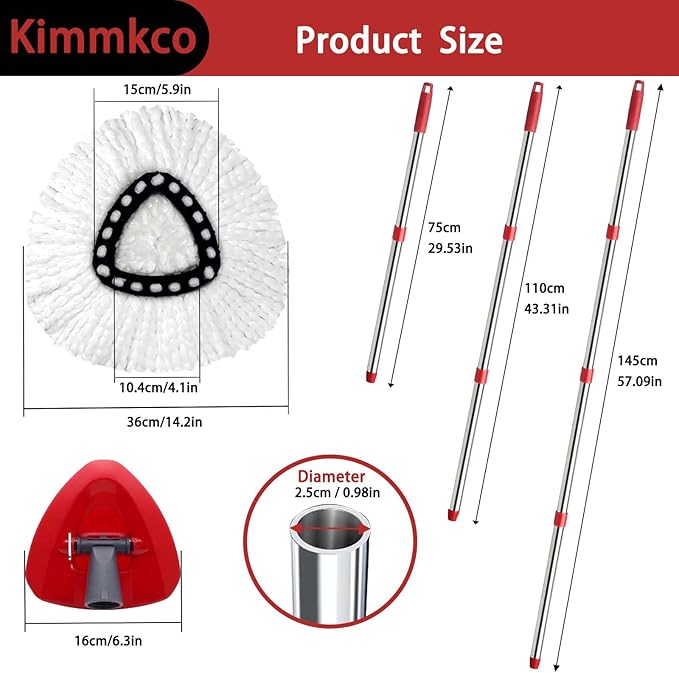 Spin Mop Head, Base, Mop Handle Replacement for O Cedar EasyWring 1 Tank System Microfiber Spin Mops, 2 Microfiber Mop Refills, 1 Triangle Head Cover and 30-58in Handle Set Combo