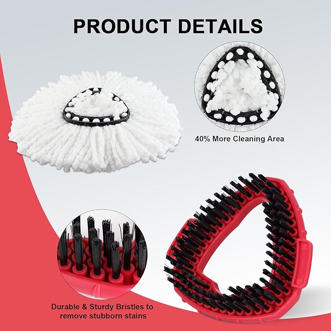 Spin Mop Head Refill for Vileda/Ocedar EasyWring Spin Mop - Rotating Microfiber Triangle Replacement Pads Washable & Reusable fit All Floor - 4 Cloth 1 Mop Base 1 Handle and 1 Brush