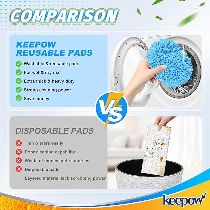 KEEPOW Reusable Microfiber Mop Pads Compatible with Swiffer Sweeper & Mop Deluxe 2-in-1, Wet & Dry Mopping Cloths for All Floors, Compatible with Swiffer Dry Sweeping Cloths for Cleaning (4 Pack)