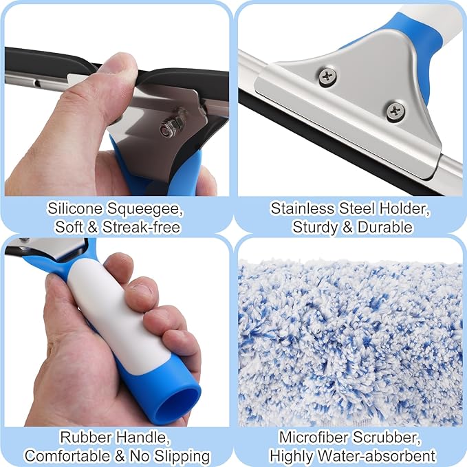 Professional Window Cleaning Kit, Include Compact Cleaning Bucket 3 Gallon, Silicone Squeegee, Microfiber Scrubber, Cloth, All-in-one Window Cleaning Supplies, Commercial & Household Use