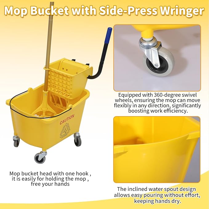 Commercial Mop Bucket with Side-Press Wringer for Floor Cleaning, 35 Quarts, Yellow, Including One Commercial Mop