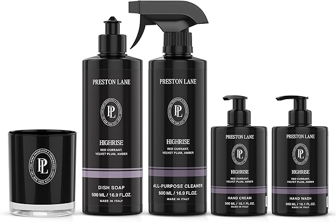 Preston Lane Signature Set, Includes All Purpose Cleaner, Dish Soap, Hand Wash, Hand Cream, & Scented Candle, Highrise