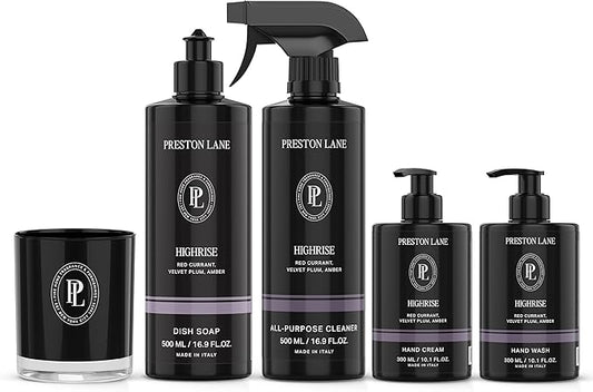 Preston Lane Signature Set, Includes All Purpose Cleaner, Dish Soap, Hand Wash, Hand Cream, & Scented Candle, Highrise
