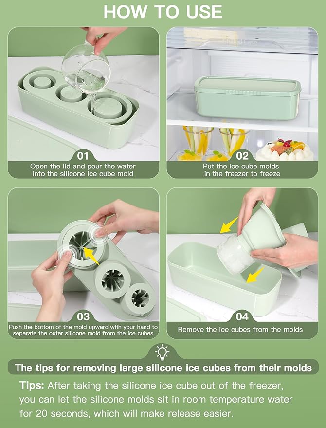 Ice Cube Tray for Tumbler Cup 30Oz-40Oz, 3 Pcs Silicone Cylinder Ice Mold with Lid and Bin for Freezer, Easy Fill and Release Ice Maker for Whiskey, Cocktail BPA-Free