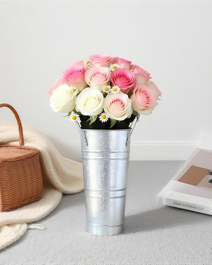 10 Inch Galvanized Flower Buckets - 8 PCS Galvanized Metal Vases for Flowers Tin Flower Holders for Home Decor Wedding Centerpieces Indoor Outdoor Use