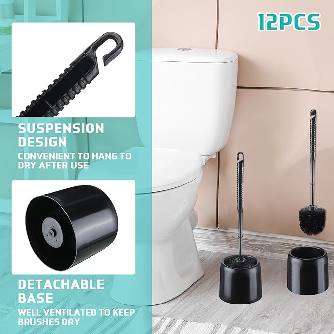 Roshtia 12 Sets Toilet Brush and Holder Set for Bathroom Toilet Bowl Brush Scrubber with Caddy for Deep Cleaning, 14.57 Height (Black)