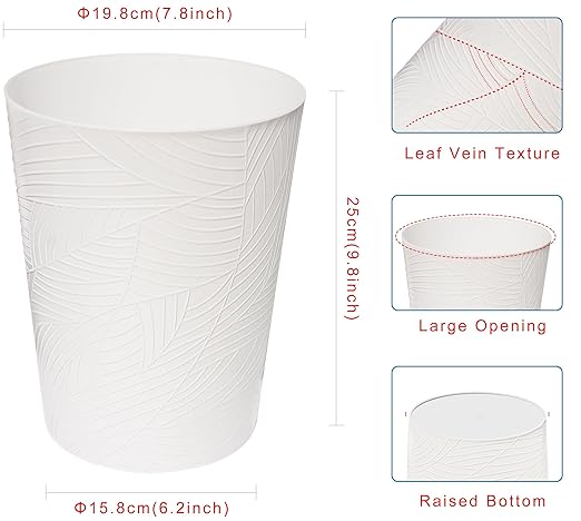1.8 Gallons Small Trash Can, Decorative Wastebasket, Modern Leaf Pattern Design, Polypropylene Trash Can for Bathroom, Bedroom, Office (2, White)