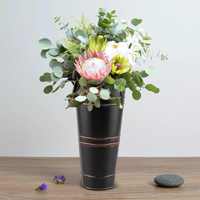 8 Pack 9 Inch Tall Galvanized Flower Bucket, Black Farmhouse French Flower Bucket with Handle, Small Rustic Buckets Vintage Metal Vases for Flower, Centerpieces, Floral Wedding Arrangements