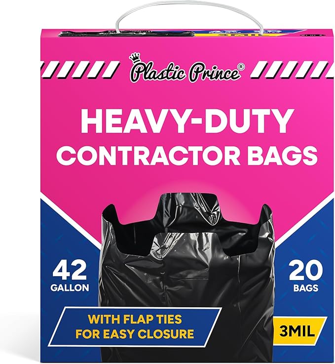 Heavy Duty Contractor Bags 42 Gallon with Flap Ties Trash Bags 3 Mil for Industrial Commercial Use 32 x 45 Yard Waste Bags, Black Pack of 20