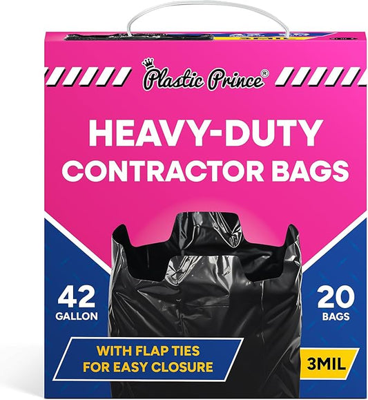 Heavy Duty Contractor Bags 42 Gallon with Flap Ties Trash Bags 3 Mil for Industrial Commercial Use 32 x 45 Yard Waste Bags, Black Pack of 20