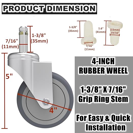 4-Inch Swivel Stem Caster, 7/16-Inch Stem Diameter Rubber Wheel, Heavy Duty TPR Replacement Wheels for Rubbermaid Mop Bucket Cart Grill Casters - 8 Pack